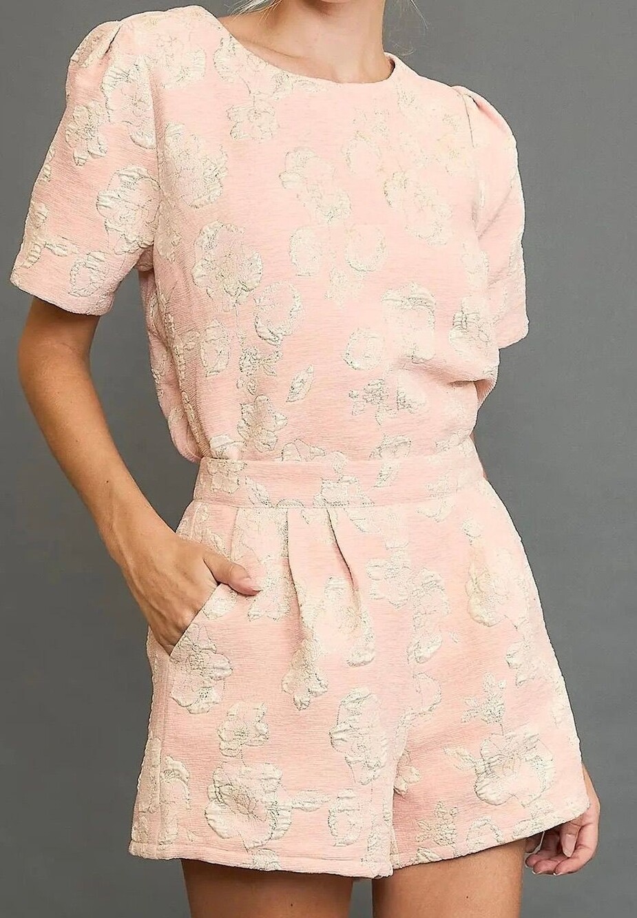 Umgee Blush Pink Floral Jacquard Top & Shorts Set SM